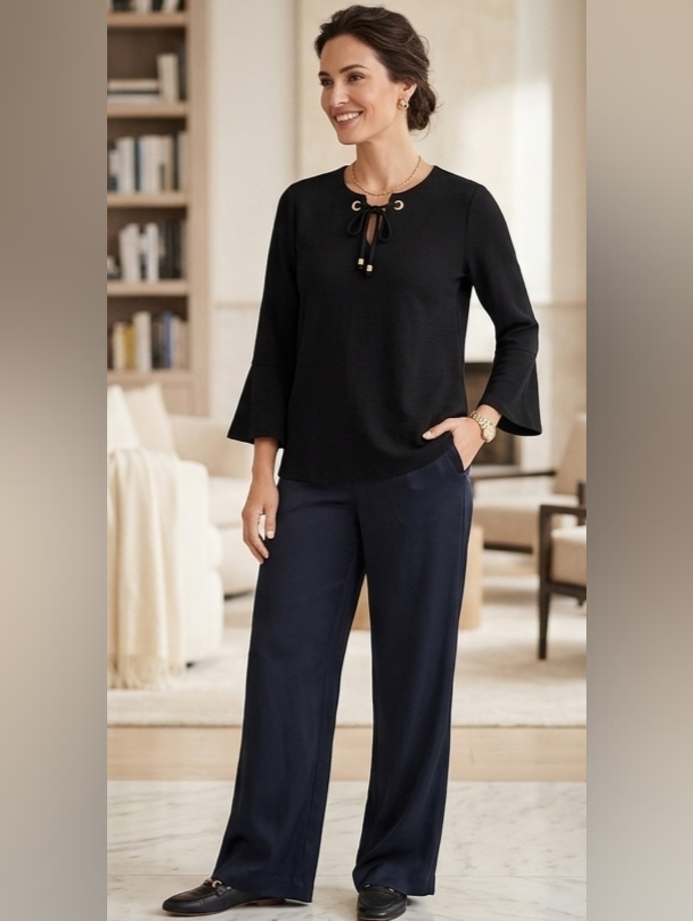 Michael Kors women's Medium black blouse criss-cross lace-up neckline